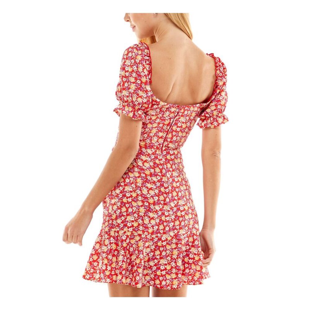 CITY STUDIO Womens Fit + Flare Short Dress Red Pouf Sleeve With Tie Juniors S - Picture 2 of 2